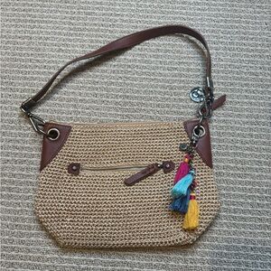 The Sak Crochet‎ Crossbody Bag Tan Brown Leather Trim Tassel Charm